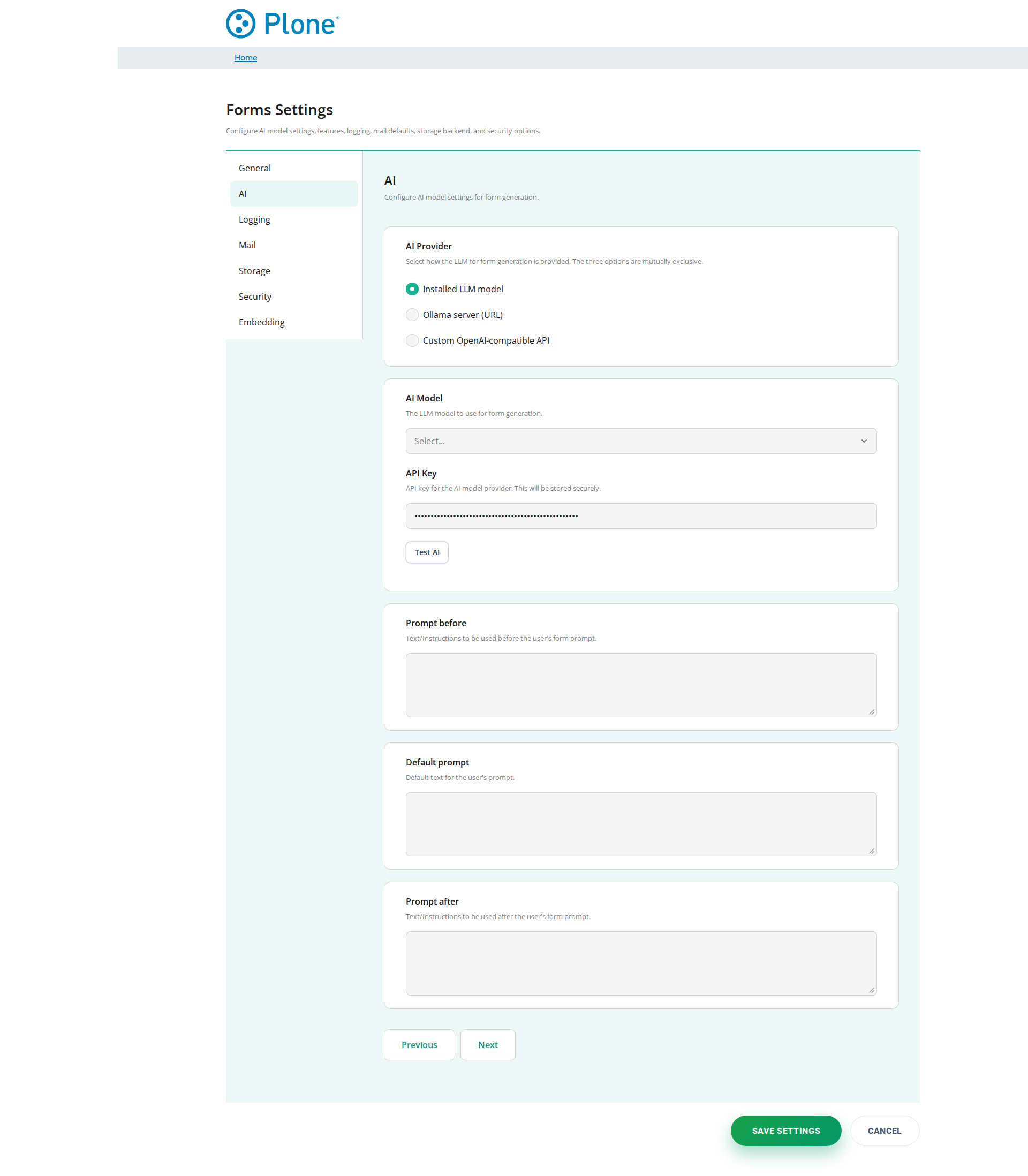 Forms control panel (AI tab)