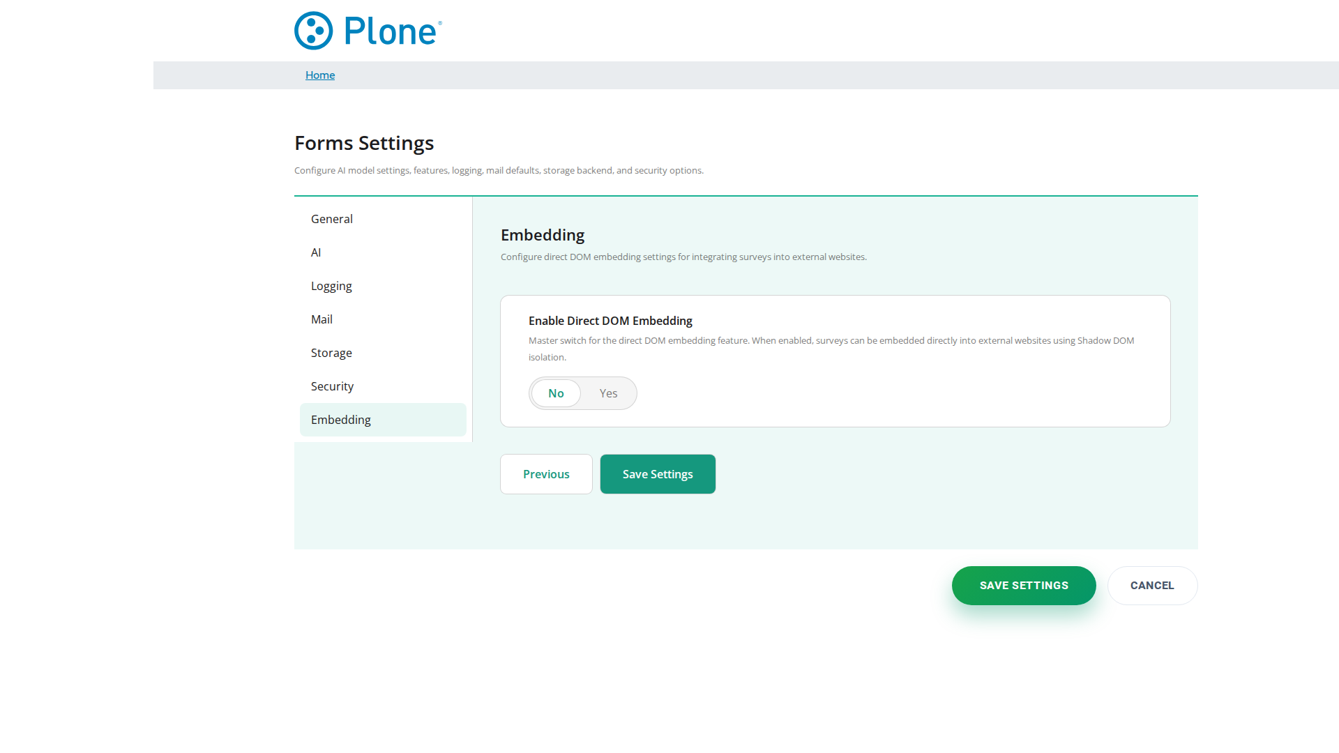 Forms control panel (Embedding tab)