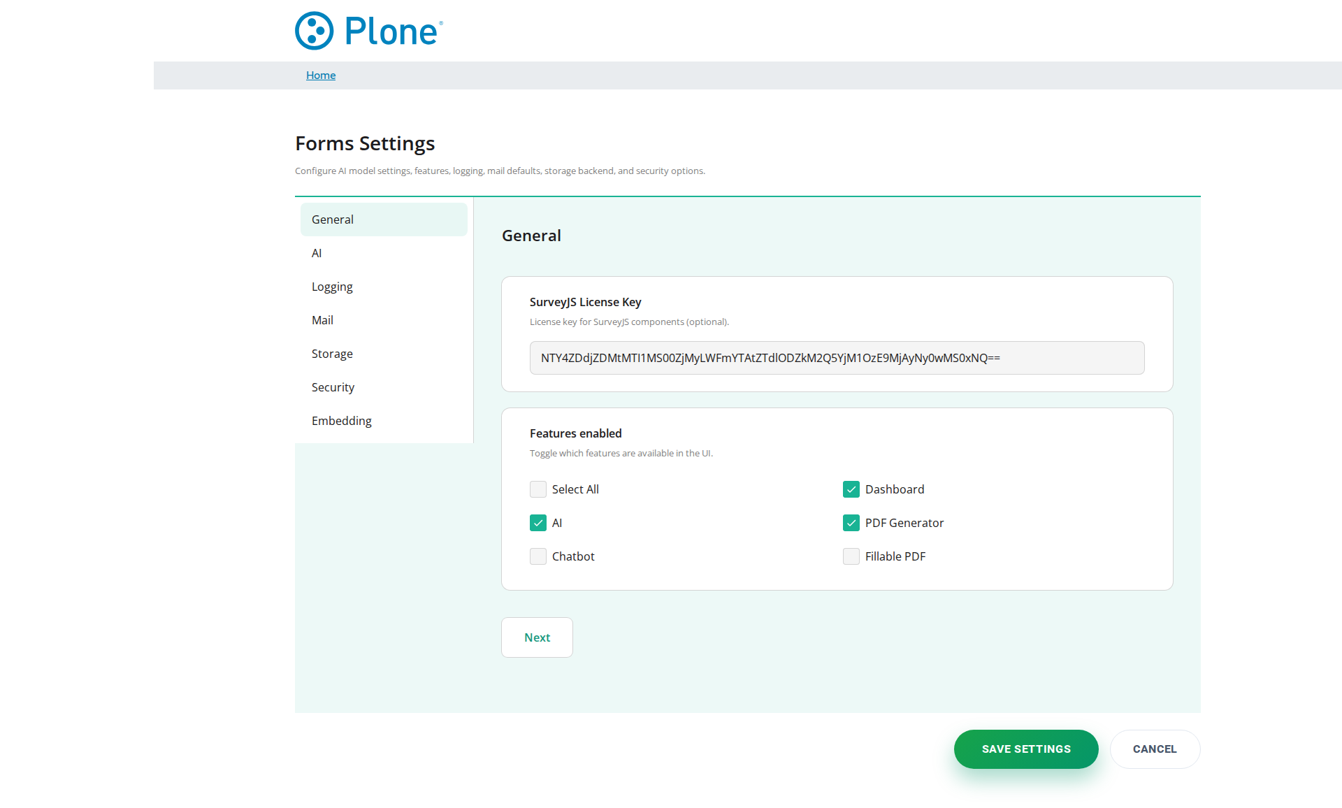 Forms control panel (General tab)