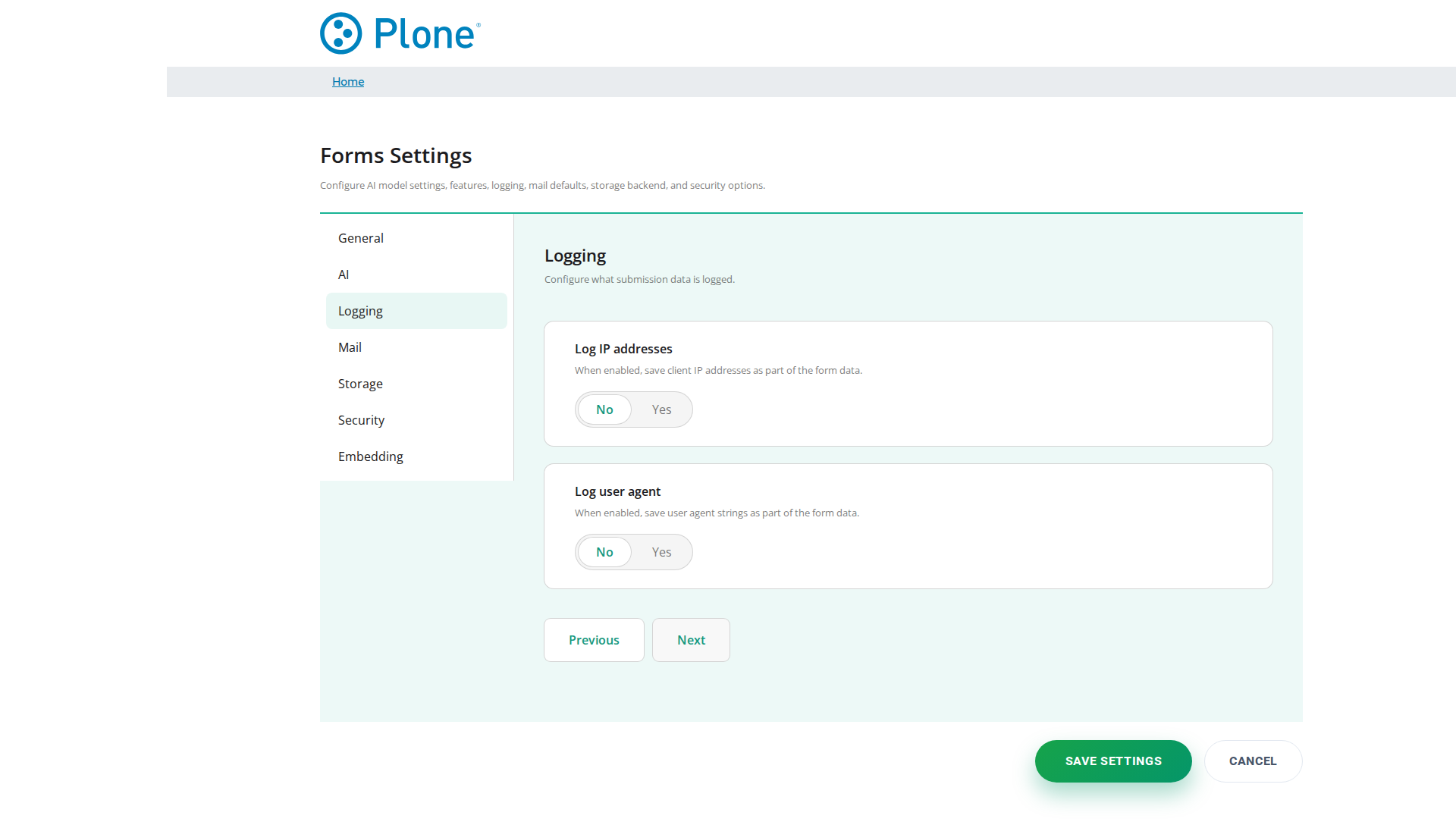 Forms control panel (Logging tab)