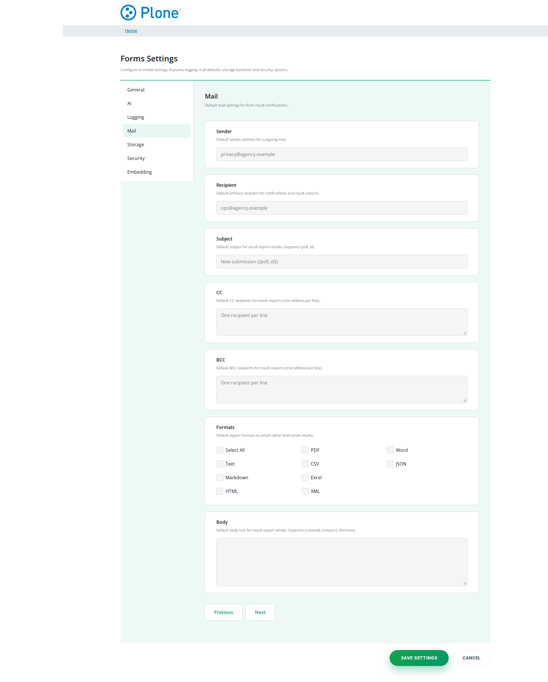 Forms control panel (Mail tab)