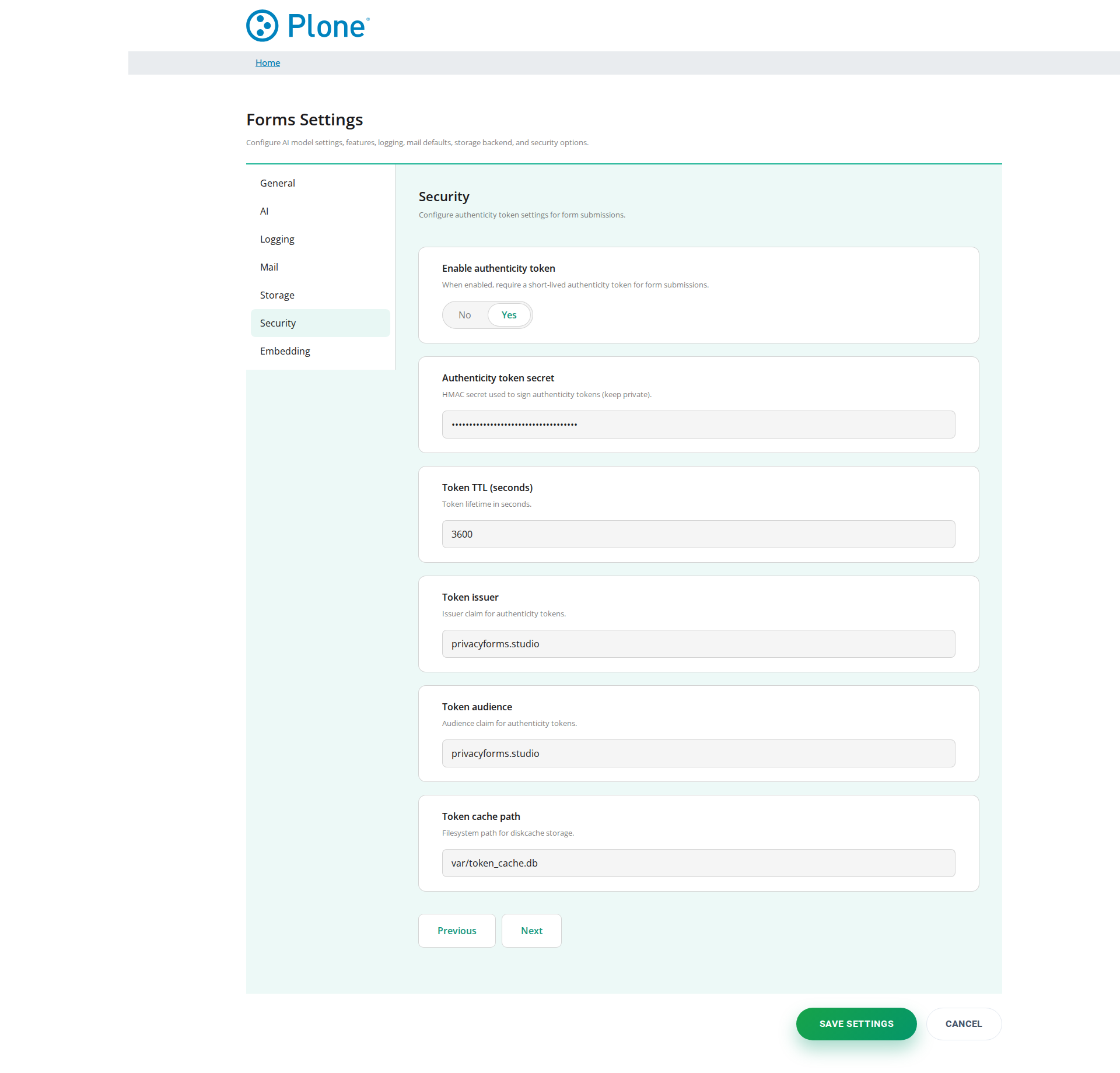Forms control panel (Security tab)