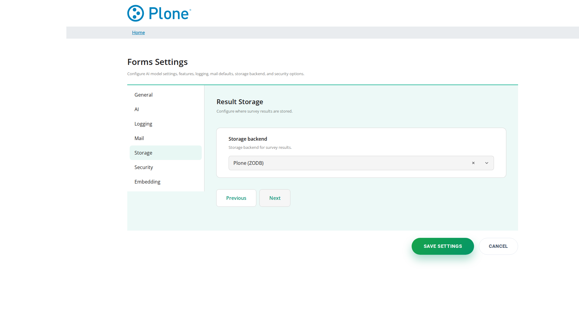 Forms control panel (Storage tab)