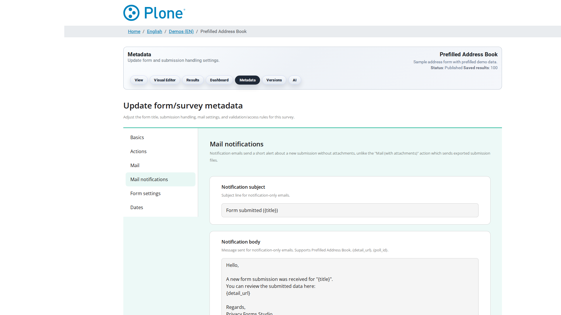 Survey edit form (Mail notifications fieldset)