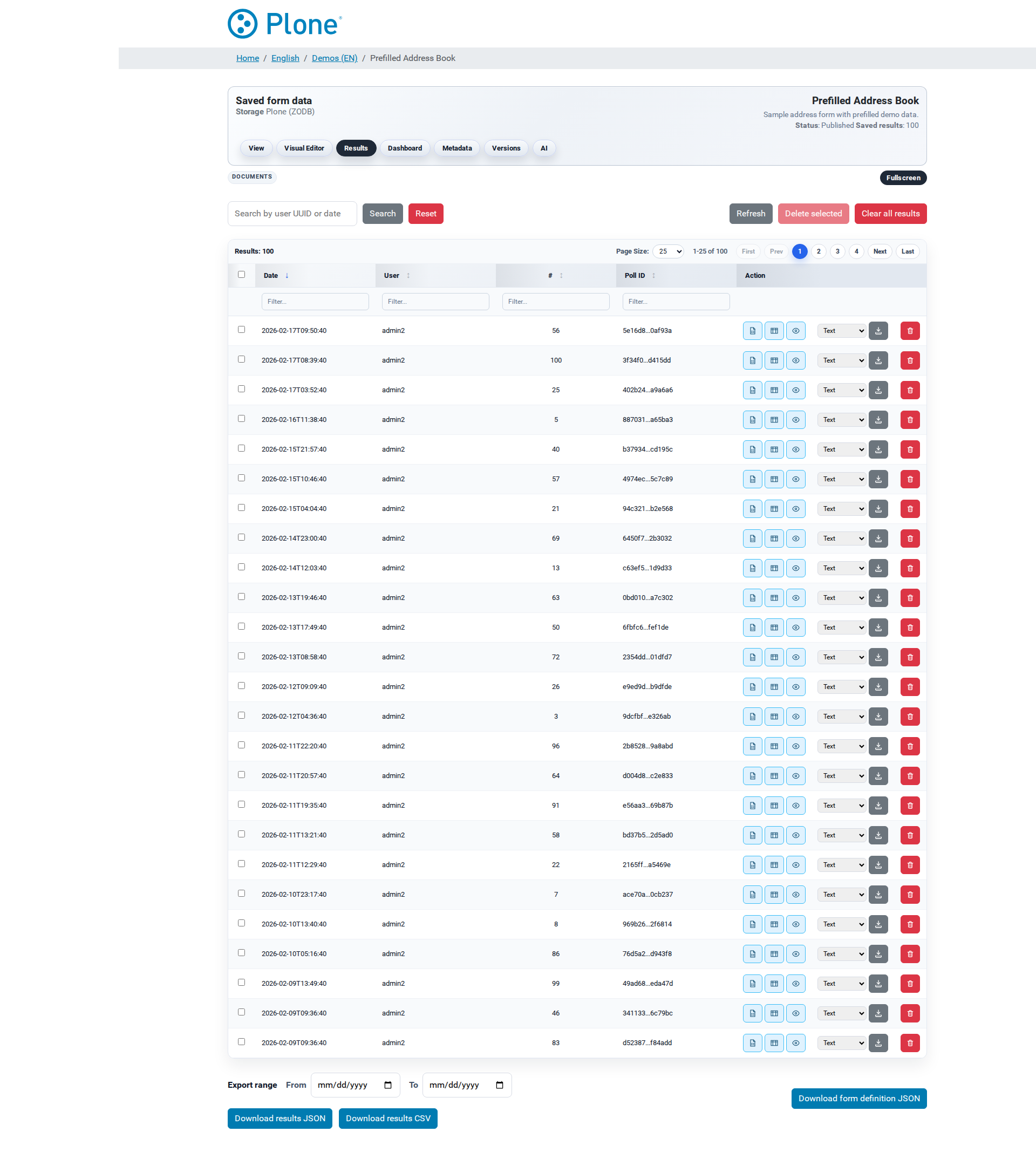 Results listing